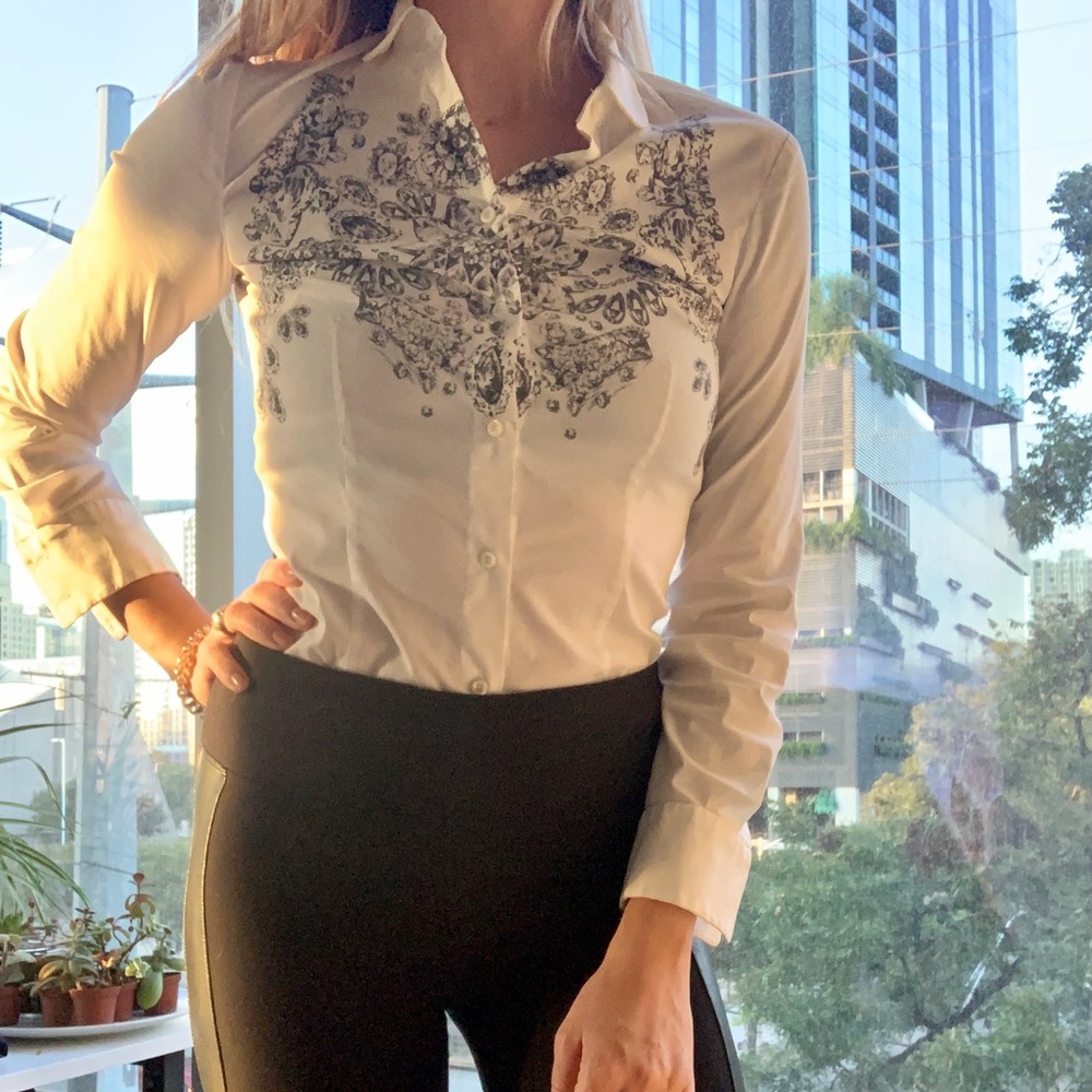Jewel Print White Button Down Top
